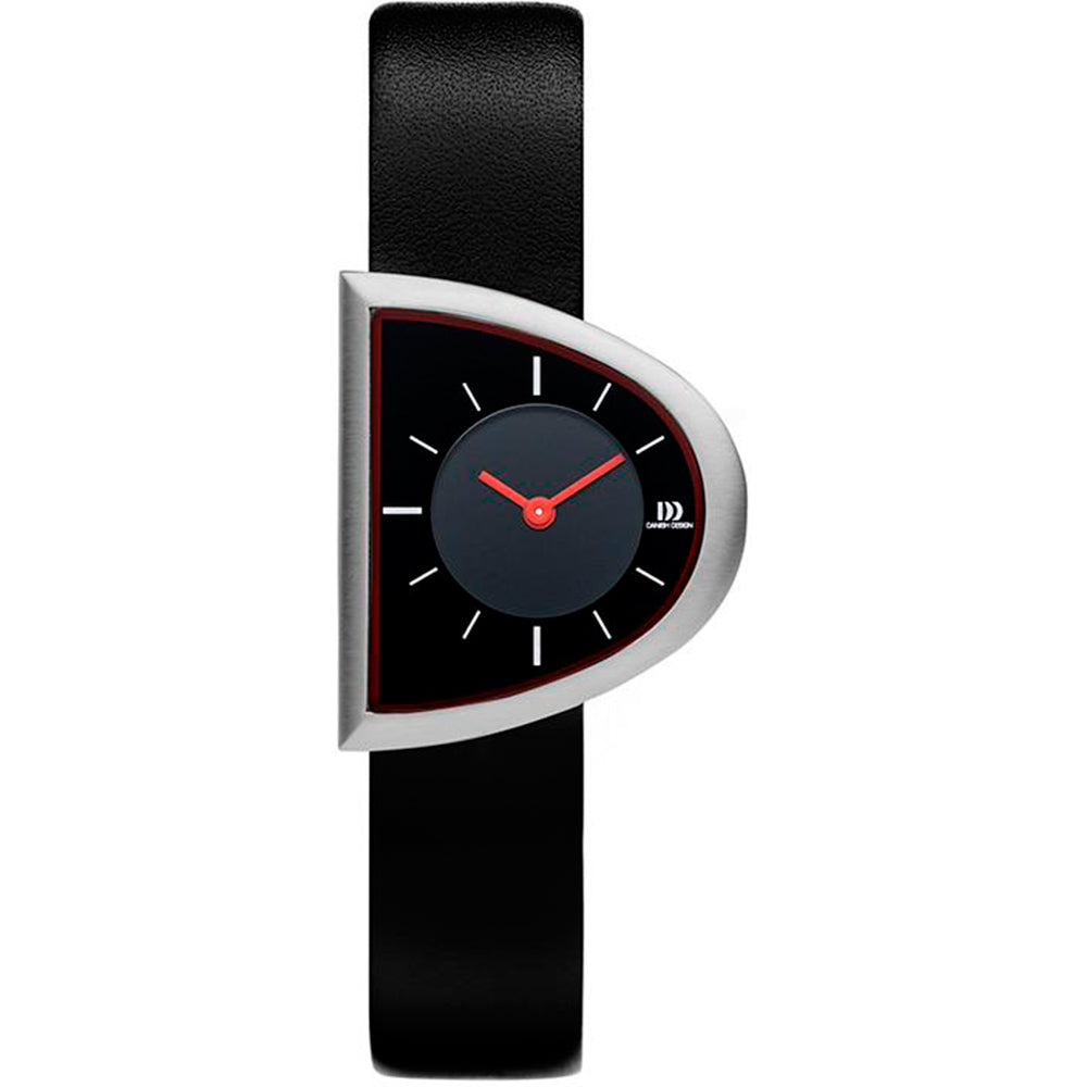 Montre pour femme au design danois, cadran noir, boîtier argenté en forme de demi-cercle, bracelet en cuir noir.