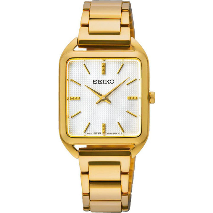 Het Seiko dameshorloge SWR078P1 heeft een rechthoekige gouden wijzerplaat met een schakelband, een witte structuurwijzerplaat, gouden uurmarkeringen en wijzers en een nauwkeurig quartz uurwerk.