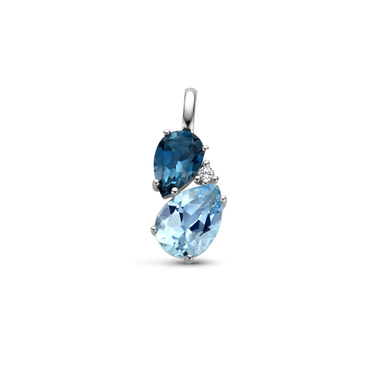 Pendentif en or blanc 14K avec topazes london blue en forme de poire et diamant de 0,010 ct.