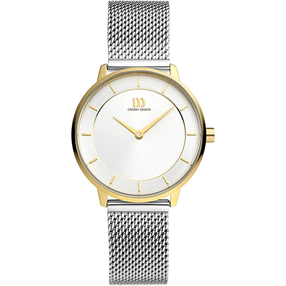 Montre avec un boîtier doré, cadran blanc et bracelet en maille argentée.