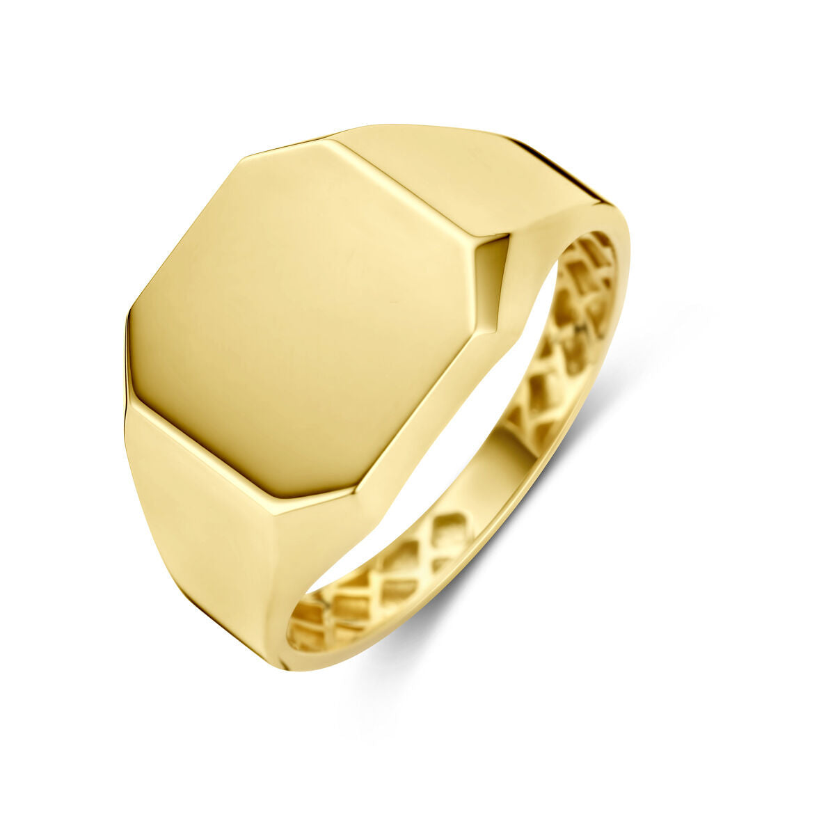 Bague en or jaune 14 carats avec une forme octogonale et un design lisse.