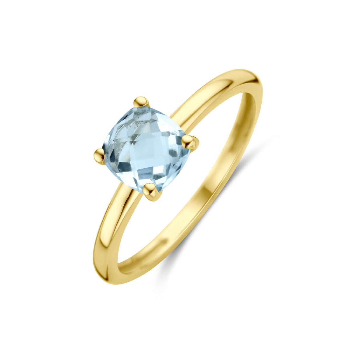 De Van der Kooij Collectie ring topaas 14K geelgoud heeft een gefacetteerde, cushion-cut blauwe edelsteen in een vierpoots zetting en wordt elegant gepresenteerd op een witte achtergrond.