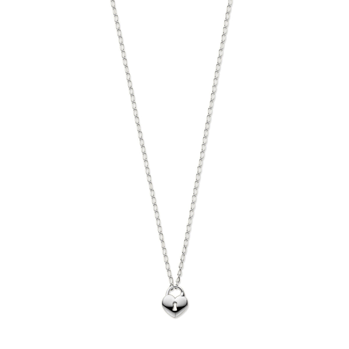 Collier en argent rhodié avec un pendentif en forme de cœur et de cadenas.
