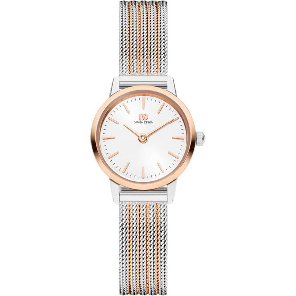 Montre avec un cadran blanc, boîtier en acier inoxydable et bracelet en maille argentée et dorée.