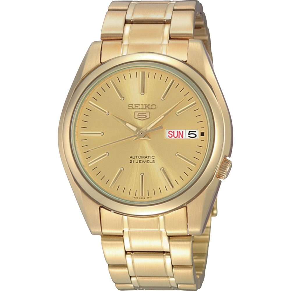 Montre pour homme Seiko avec boîtier doré, cadran doré et bracelet en métal doré.