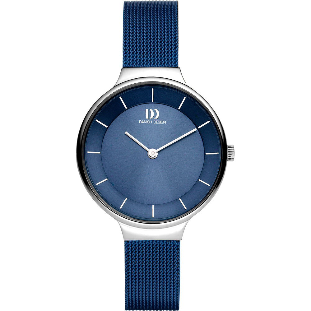 Montre avec un cadran bleu, boîtier argenté et bracelet en maille bleu.