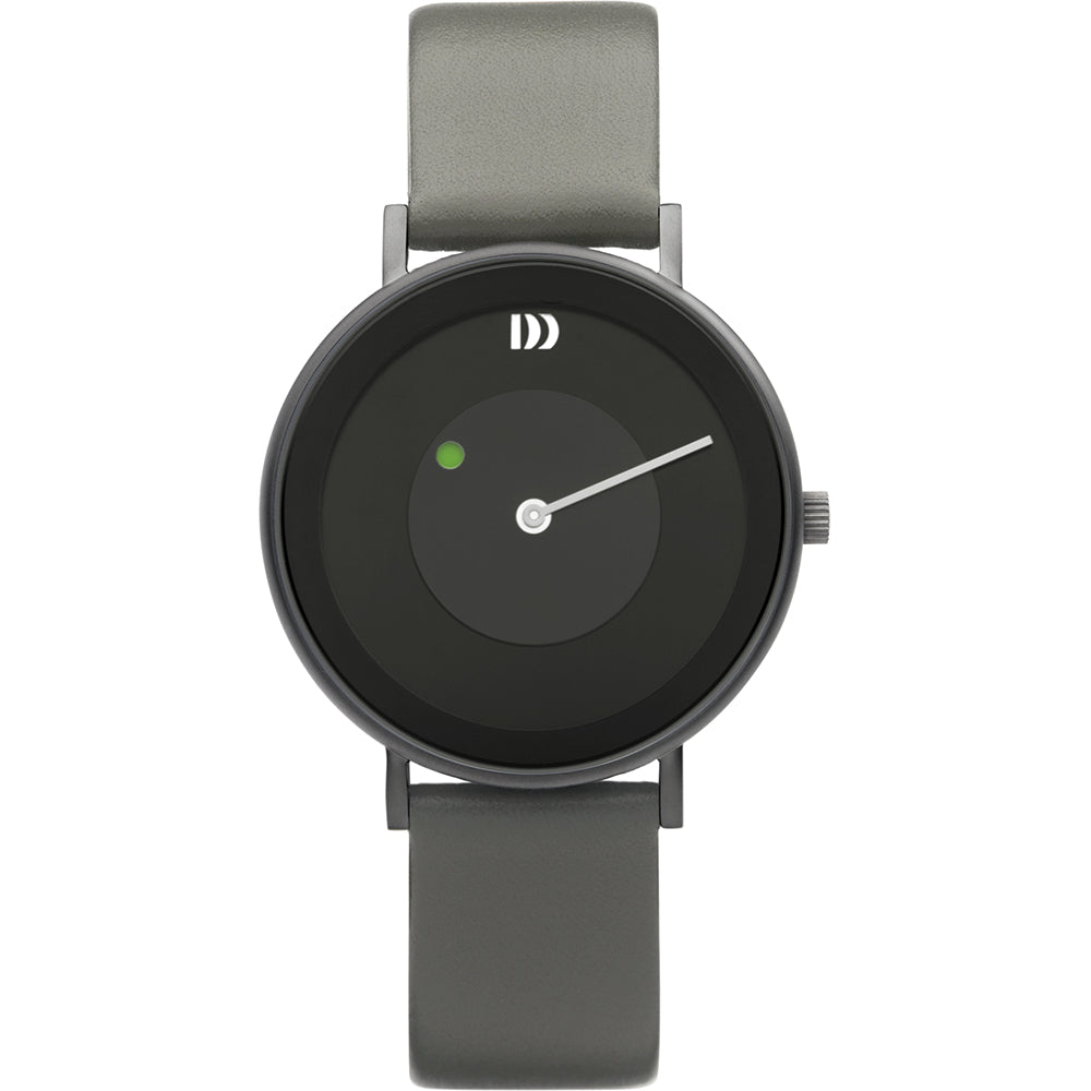 Montre ronde avec un cadran noir, bracelet en silicone gris et aiguille verte.