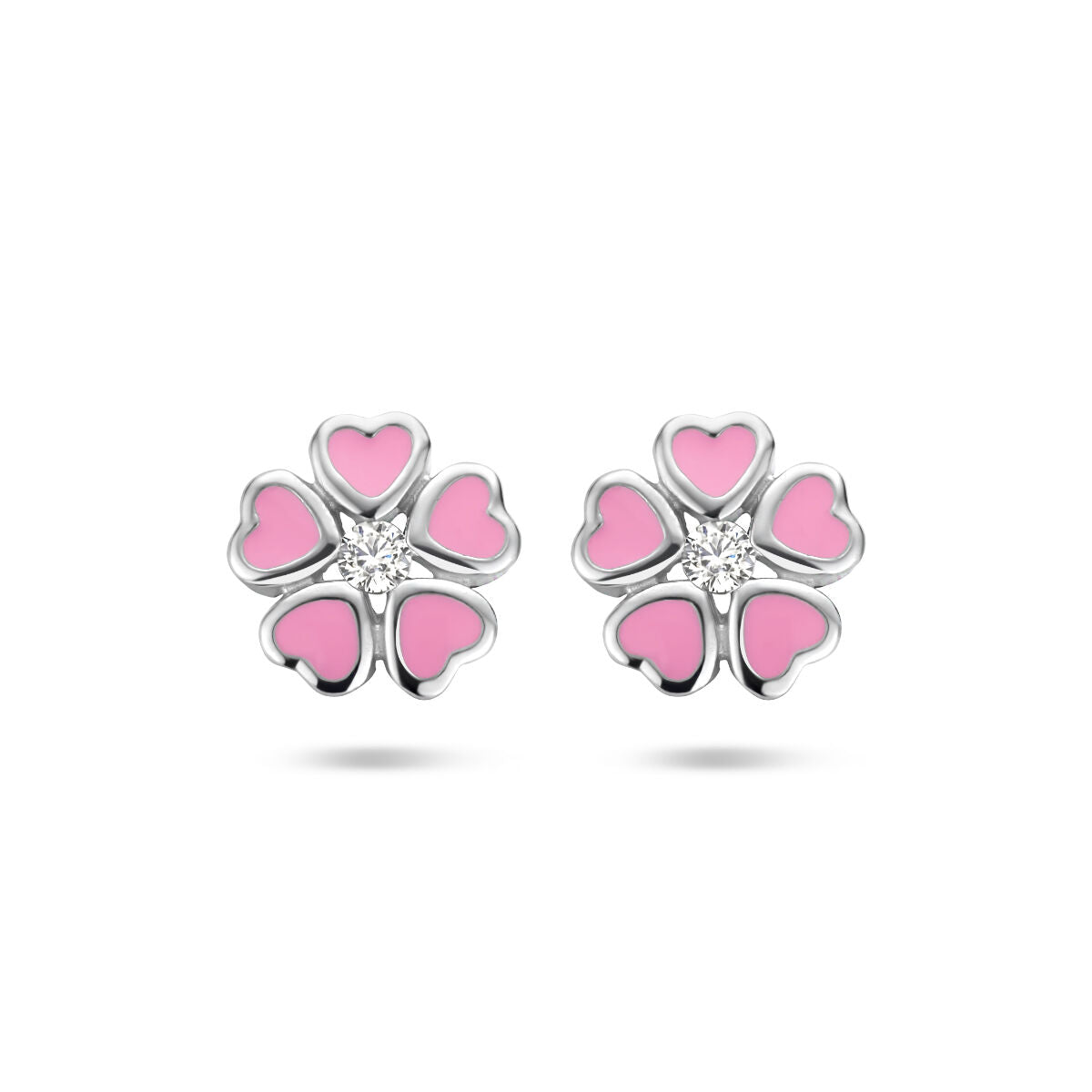 Boucles d'oreilles en forme de fleur avec des cœurs roses et des zircons, en argent rhodié.