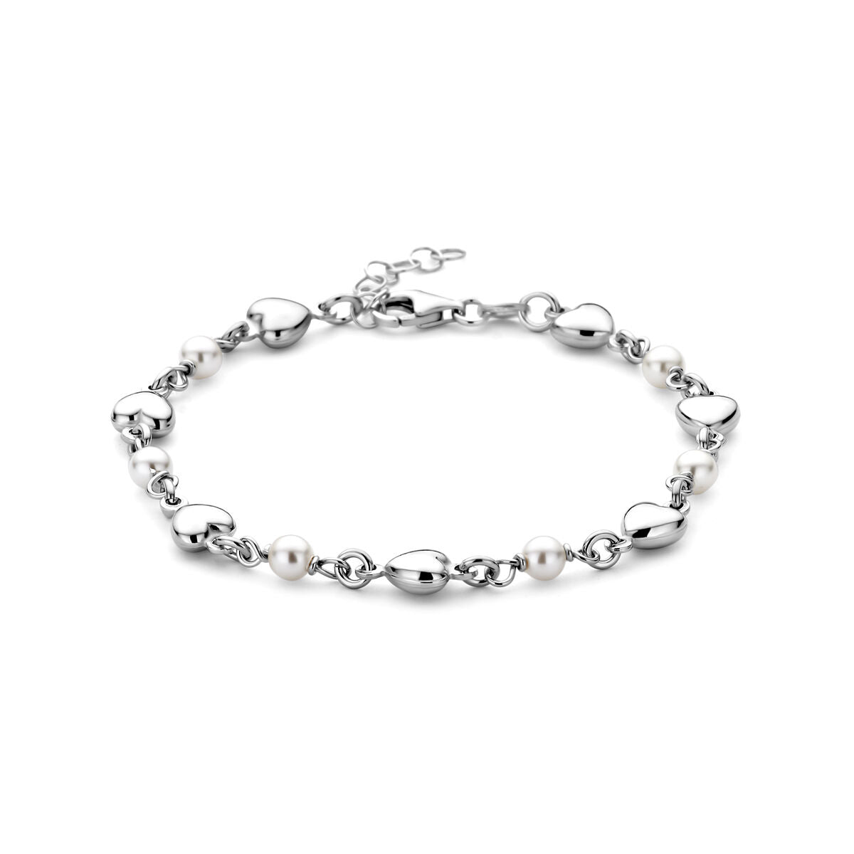 Bracelet argenté avec des cœurs et des perles Swarovski, finition rhodiée.