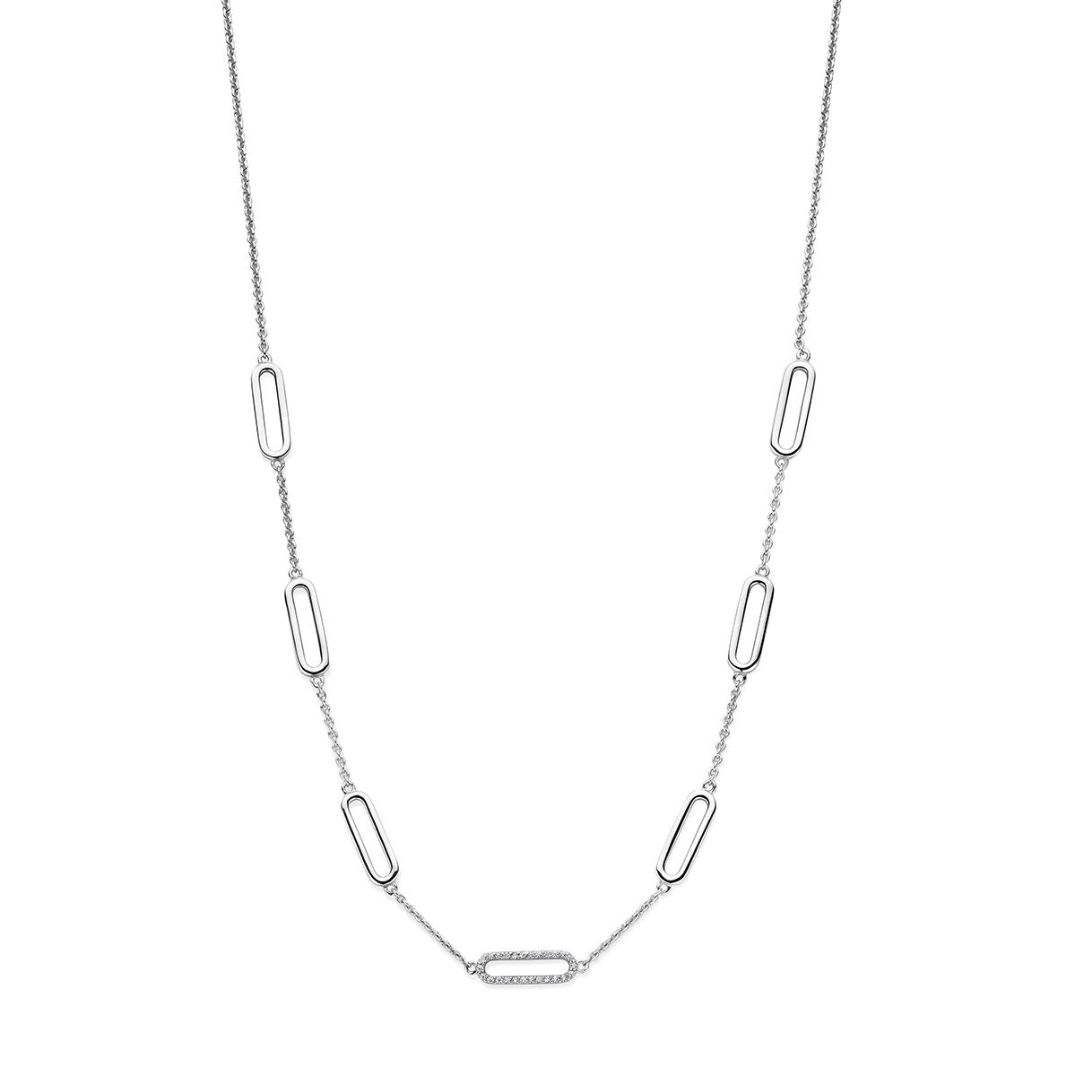Collier en argent rhodié avec des maillons en forme de rectangle et des zircons.