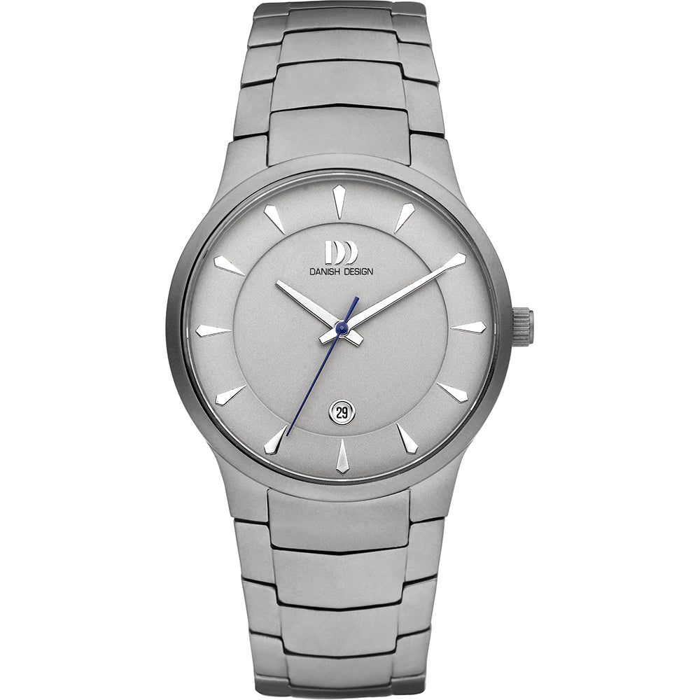 Montre en acier inoxydable avec cadran gris et aiguilles bleues.