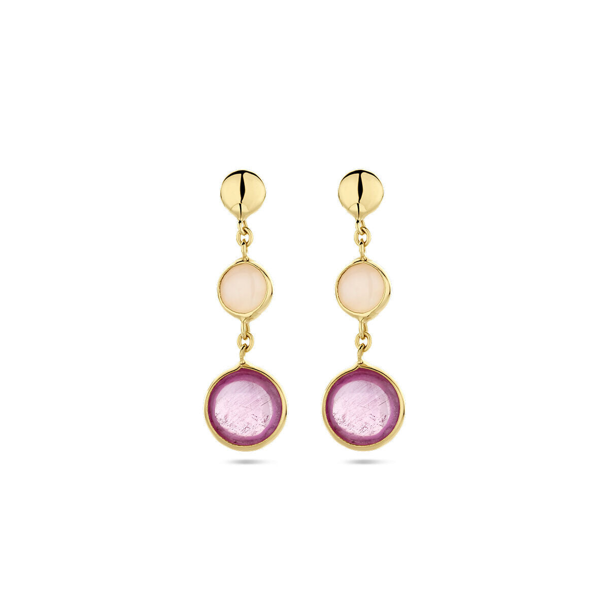 Boucles d'oreilles en or jaune 14K avec un opale rose et un rubis rose, forme ronde.