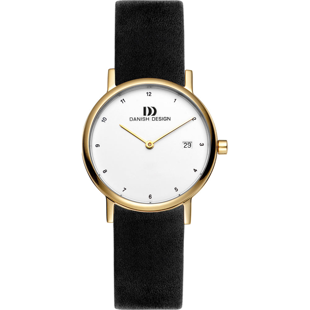 Montre à cadran blanc, boîtier doré et bracelet en cuir noir.