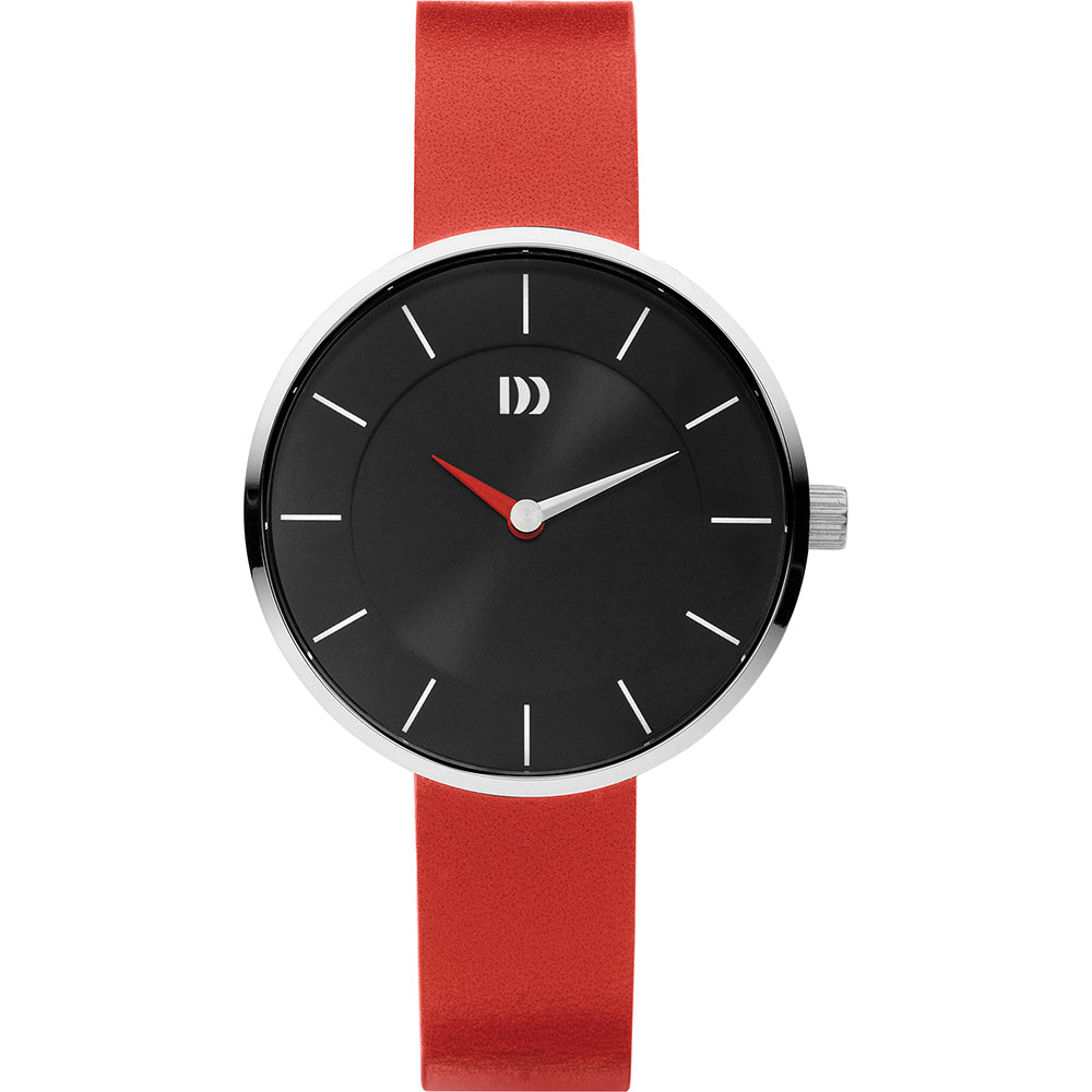 Montre avec un cadran noir, boîtier argenté et bracelet en cuir rouge.