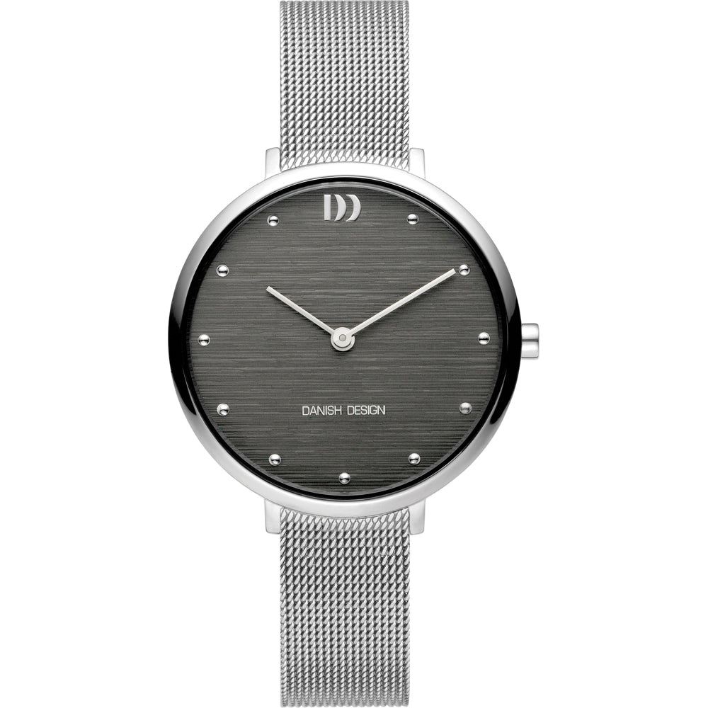 Montre avec un cadran gris, boîtier argenté et bracelet en maille métallique.