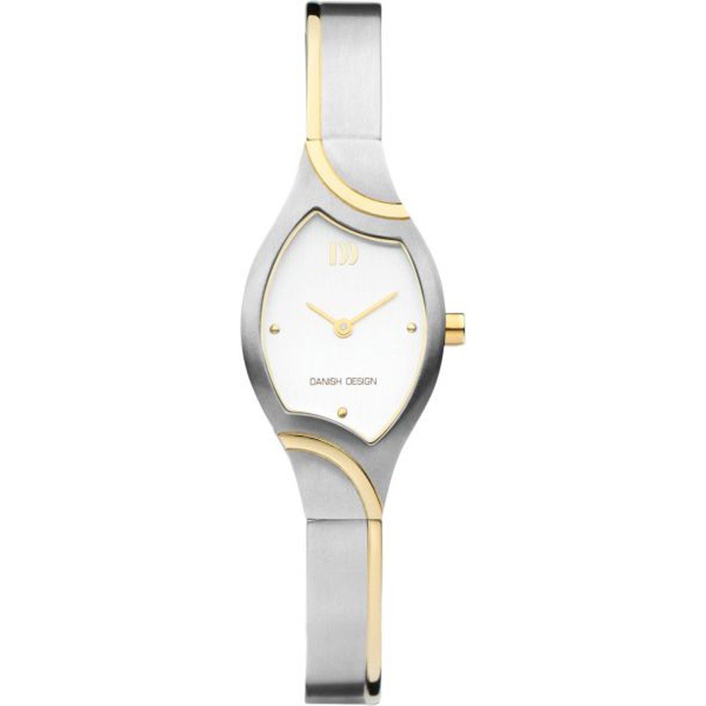 Montre en acier inoxydable avec un cadran blanc et des accents dorés, bracelet fin et design fluide.