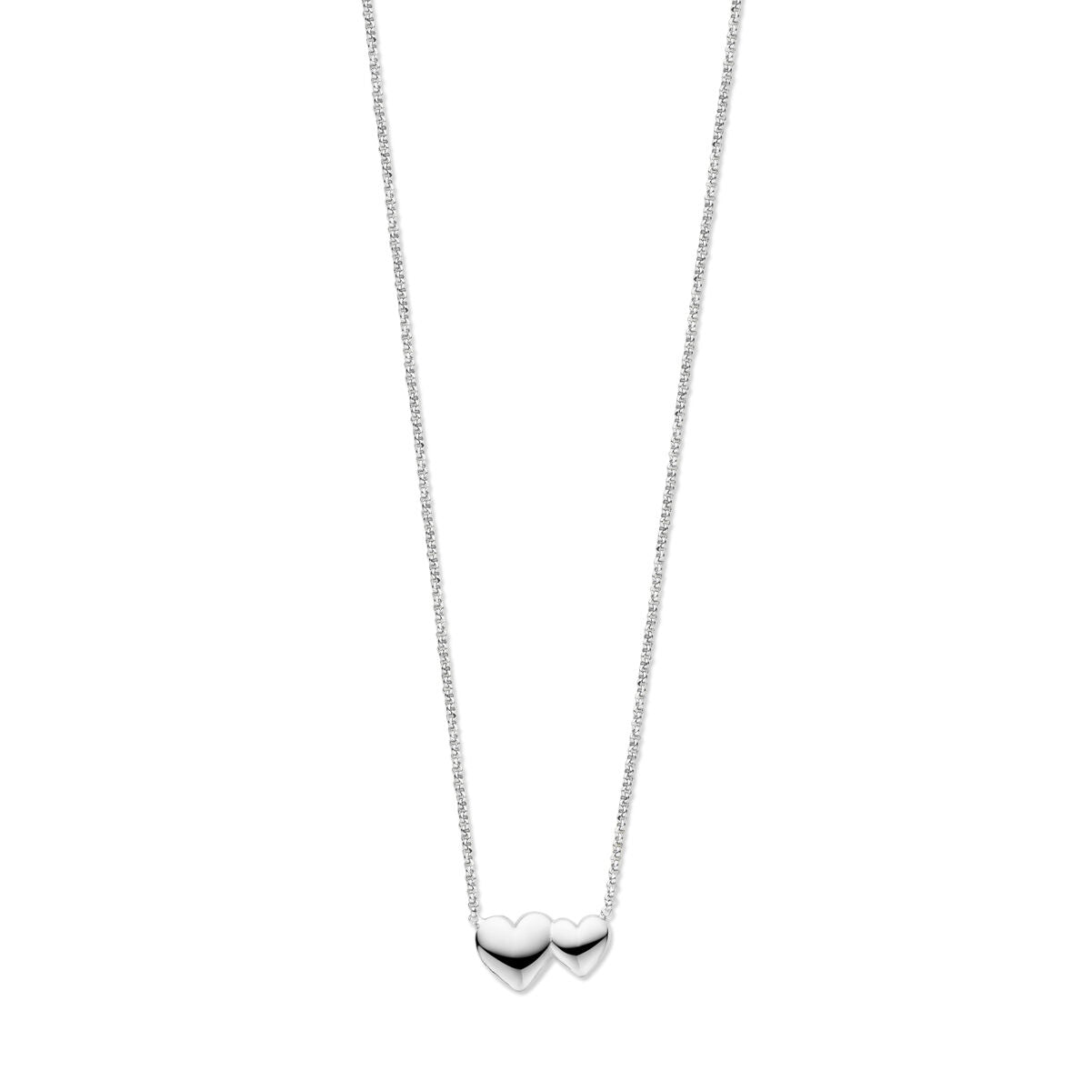 Collier en argent rhodié avec deux cœurs entrelacés, longueur de 41 + 4 cm.
