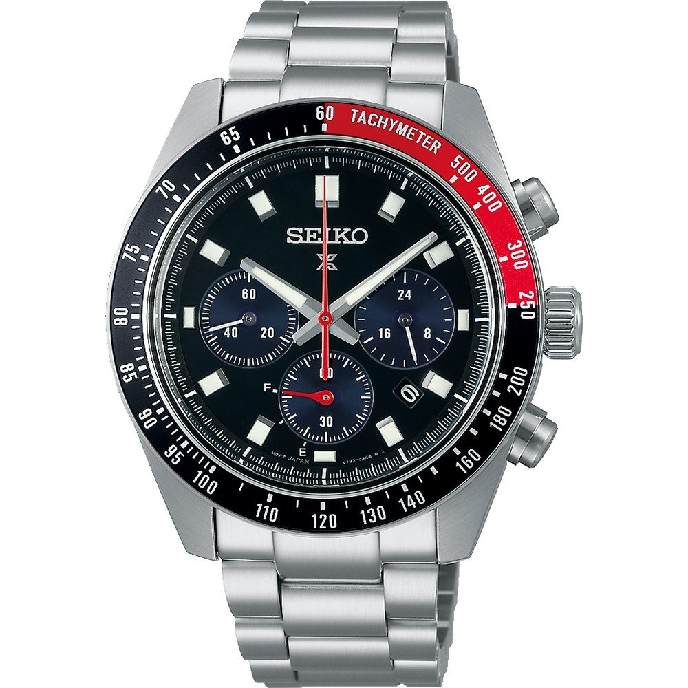 Montre homme Seiko Prospex avec boîtier en acier inoxydable, cadran noir et bracelet en métal, affichage chronographe.