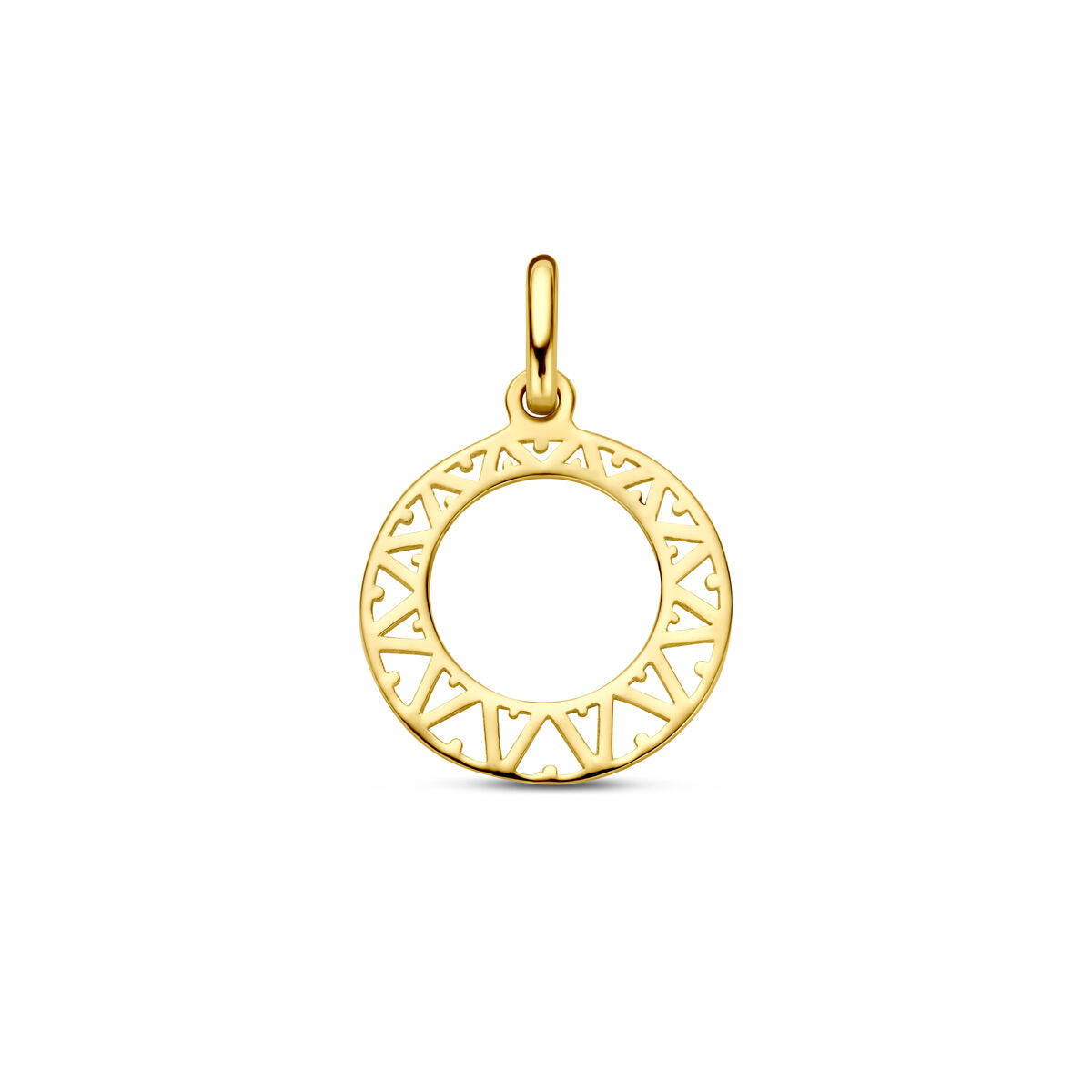 pendentif circulaire en or jaune 14K avec motif ajouré.