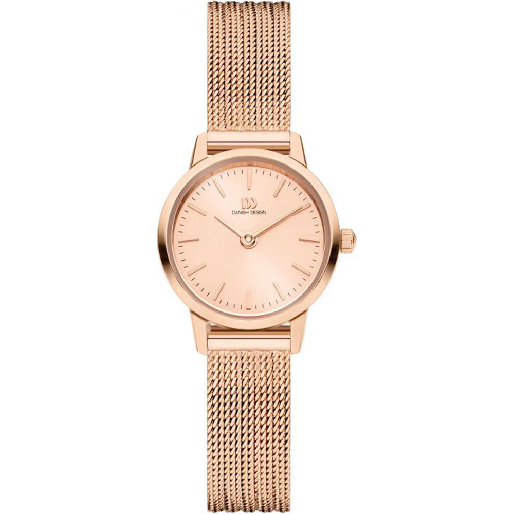 Montre en acier inoxydable rose avec un cadran rose et un bracelet en maille.