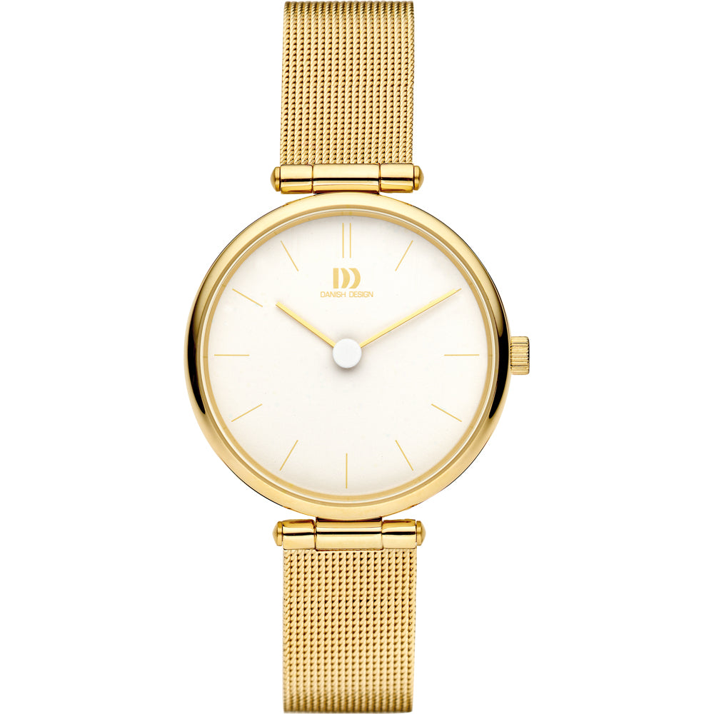 Montre femme au boîtier doré, cadran blanc, bracelet en maille dorée.