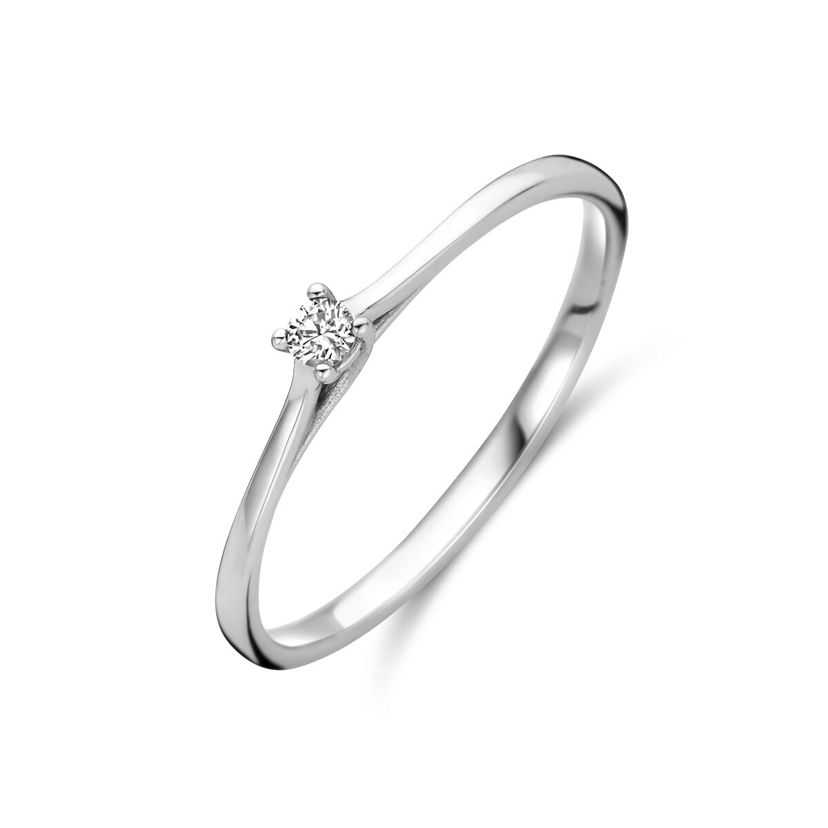 Bague en or blanc 14K avec un diamant de 0,05 ct, design délicat et brillant.