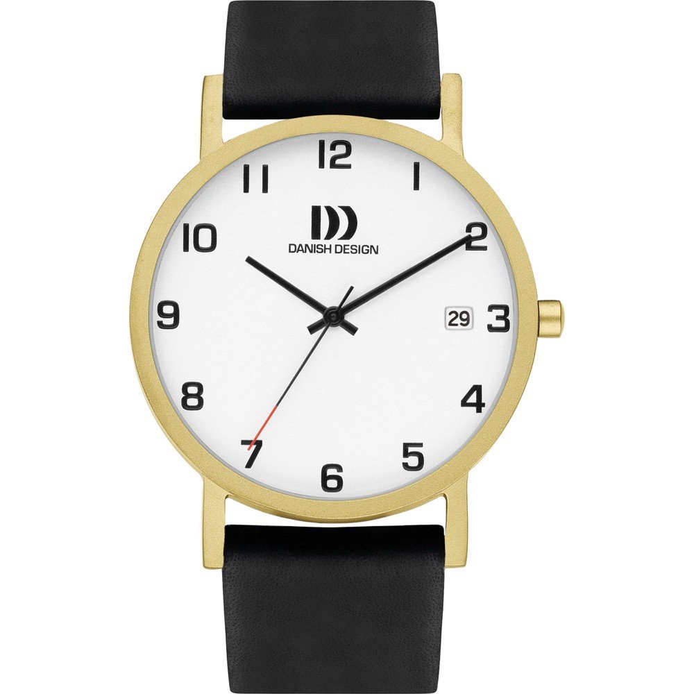 Montre à cadran blanc, boîtier doré et bracelet en cuir noir.