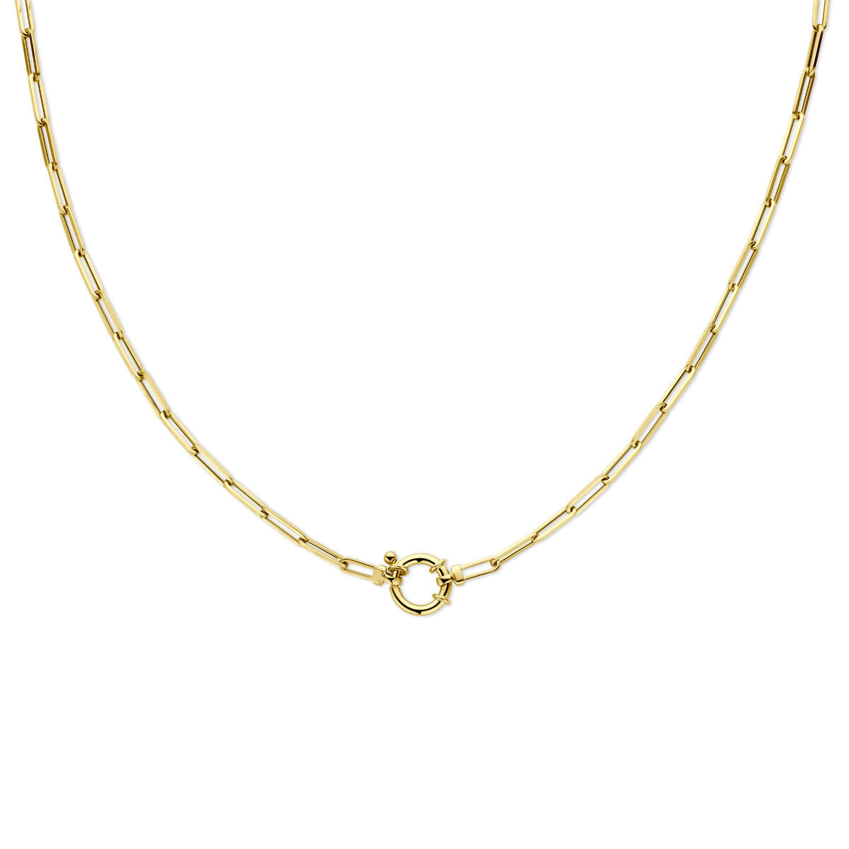 Collier en or jaune 14K avec maillons en forme de paperclip et fermoir à ressort.