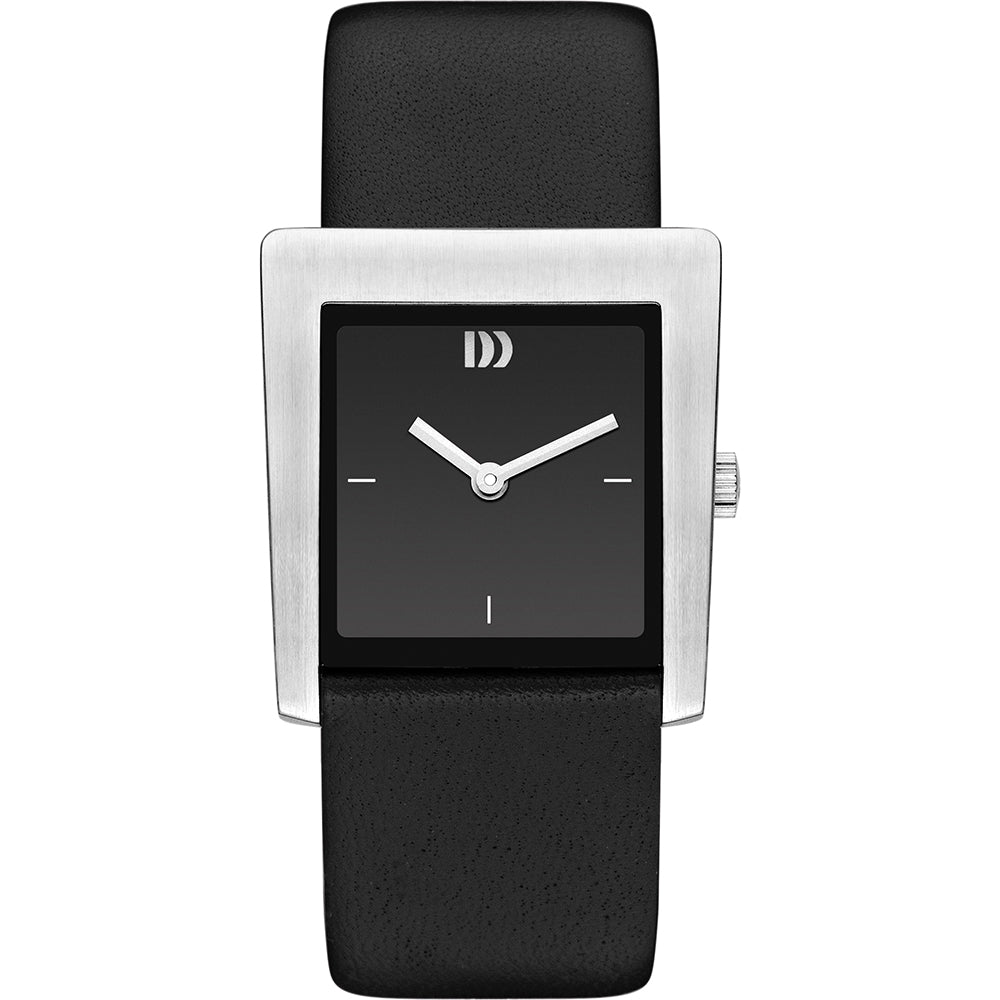 Montre carrée avec boîtier en acier inoxydable et bracelet en cuir noir.