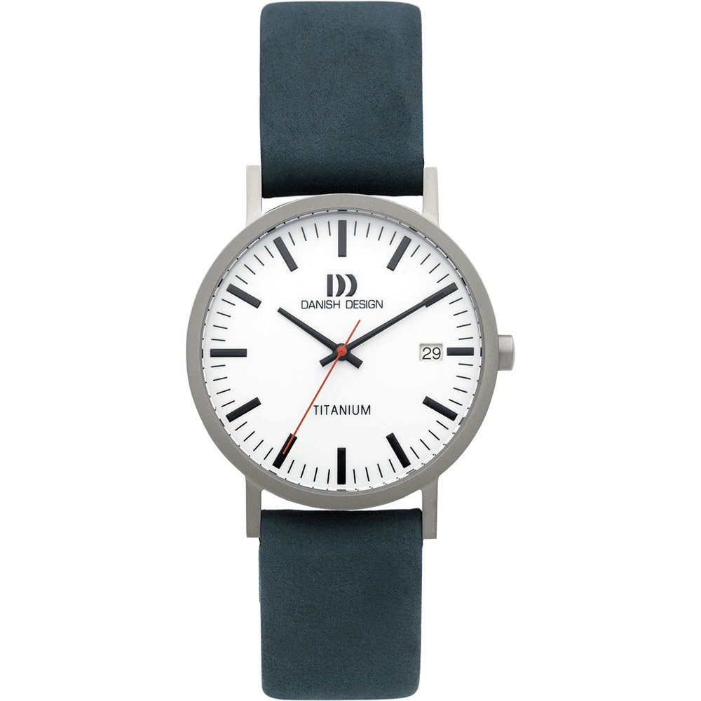Montre en titane avec cadran blanc, bracelet en cuir noir et affichage minimaliste.