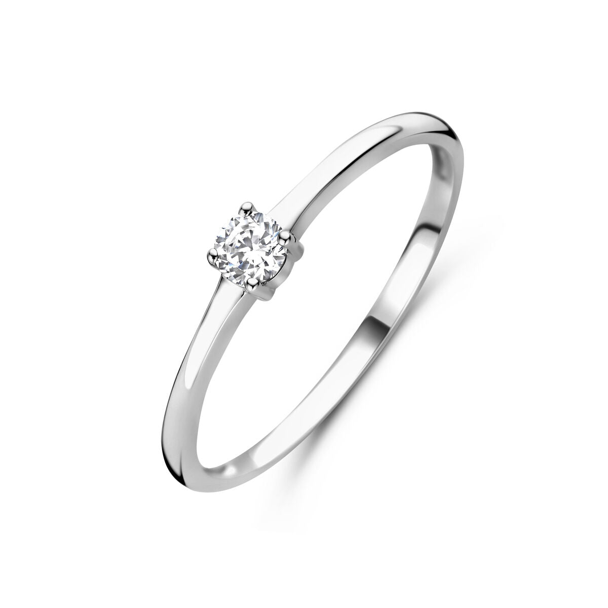 Een minimalistische Van der Kooij Collectie ring met geboortesteen cz april in gerhodineerd zilver, met een ronde centrale steen, getoond op een witte achtergrond.