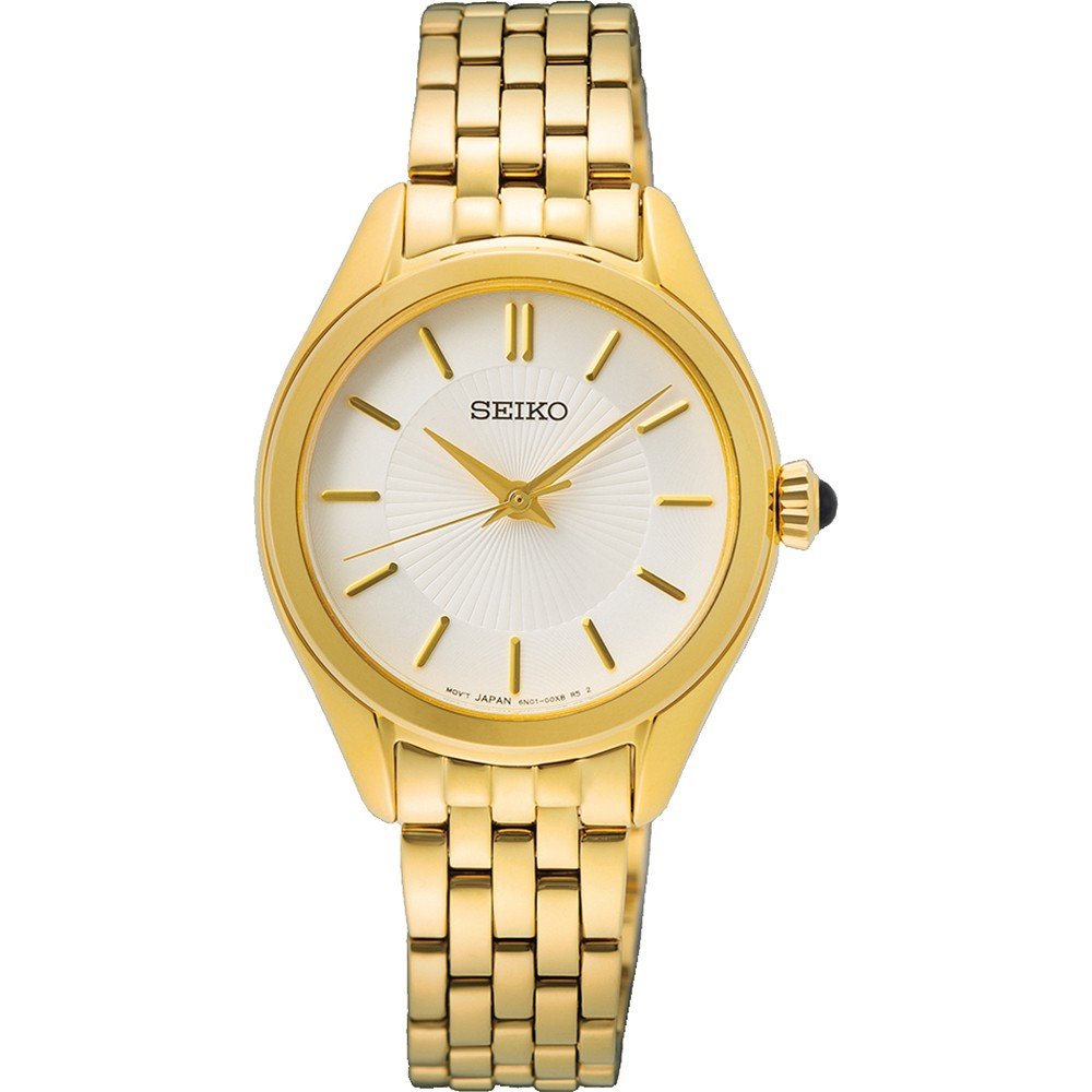 Montre pour femme Seiko avec boîtier doré, cadran blanc et bracelet en acier doré.
