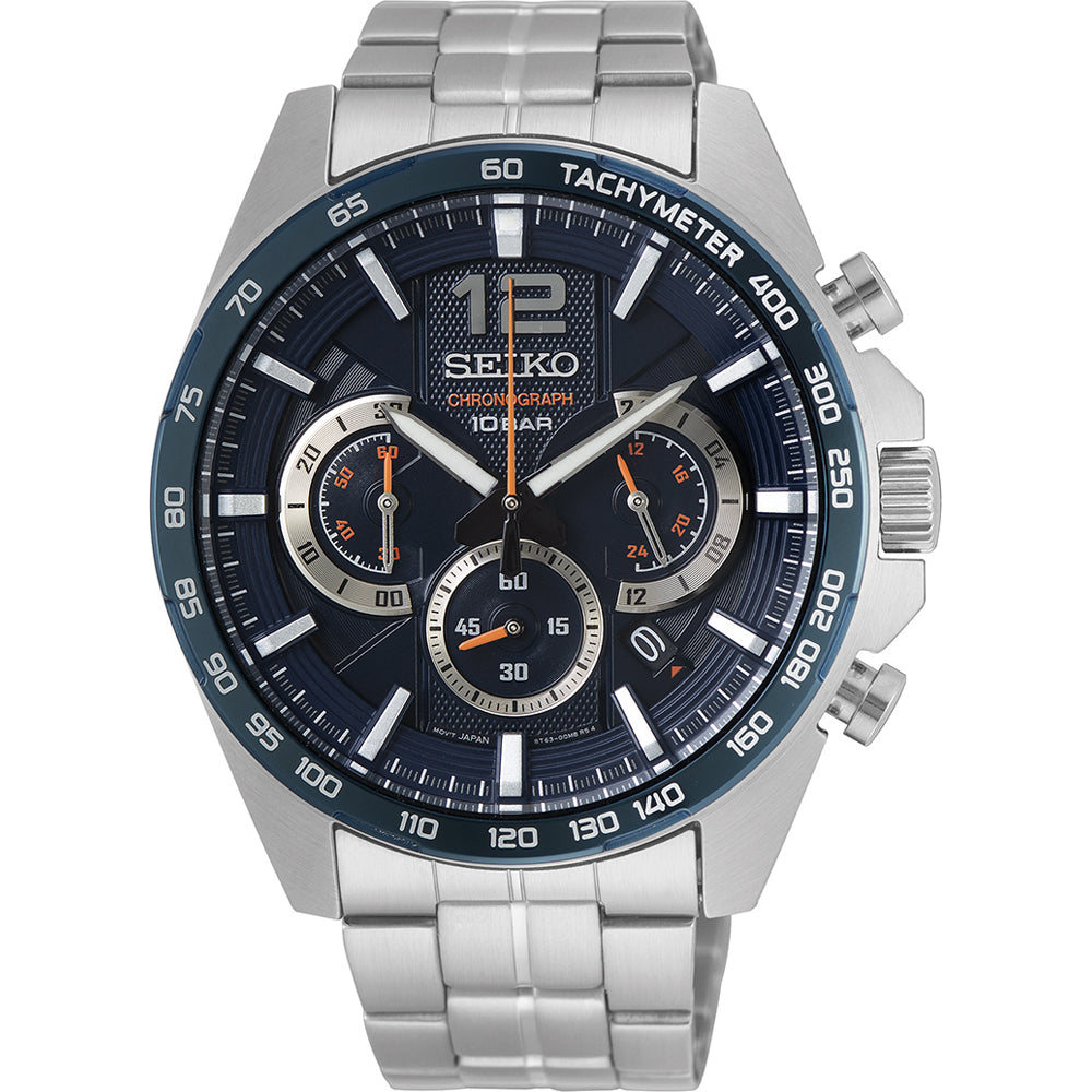 Montre pour homme Seiko avec un cadran bleu, boîtier en acier inoxydable et bracelet en métal.