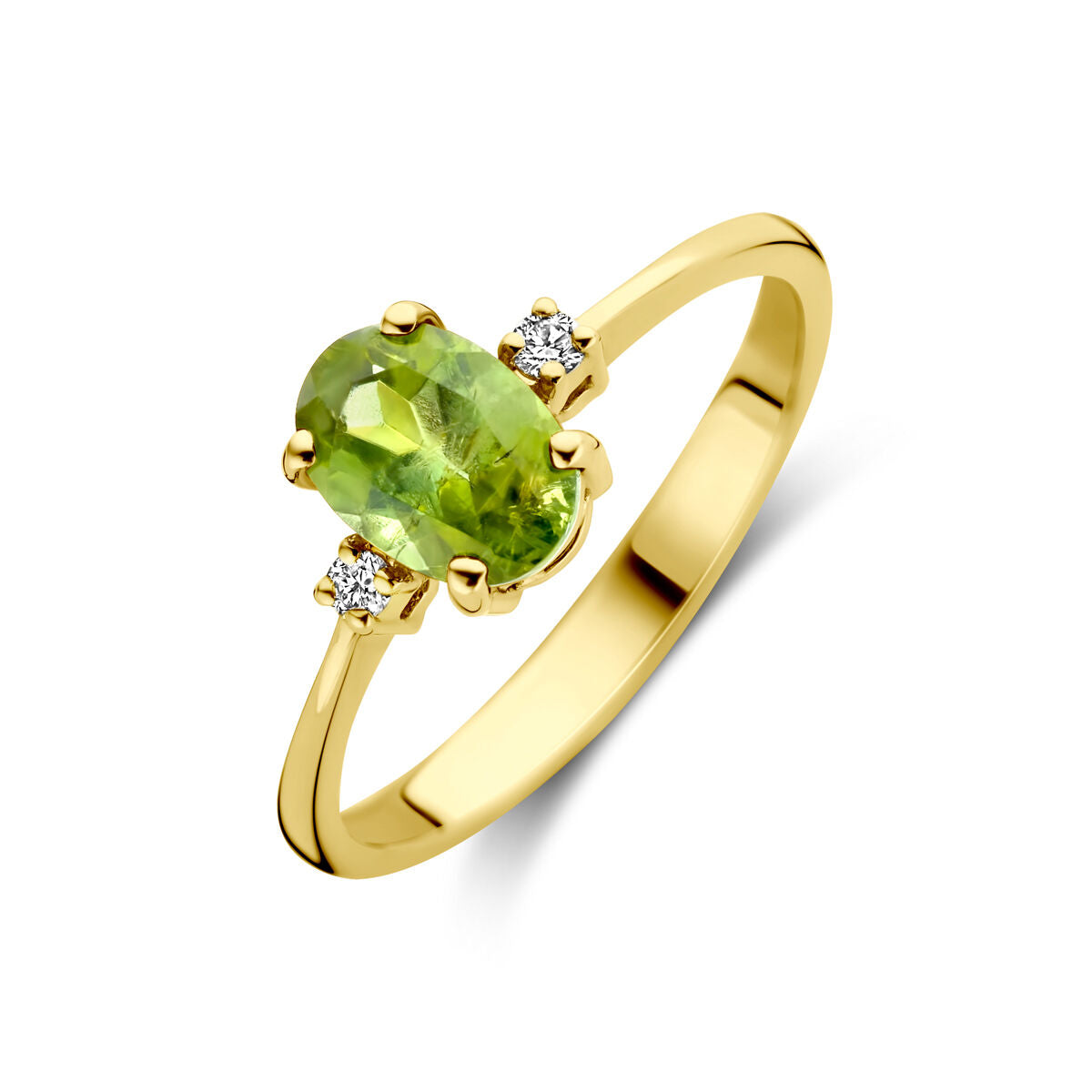 Bague en or jaune 14K avec une tourmaline ovale centrale et deux diamants.