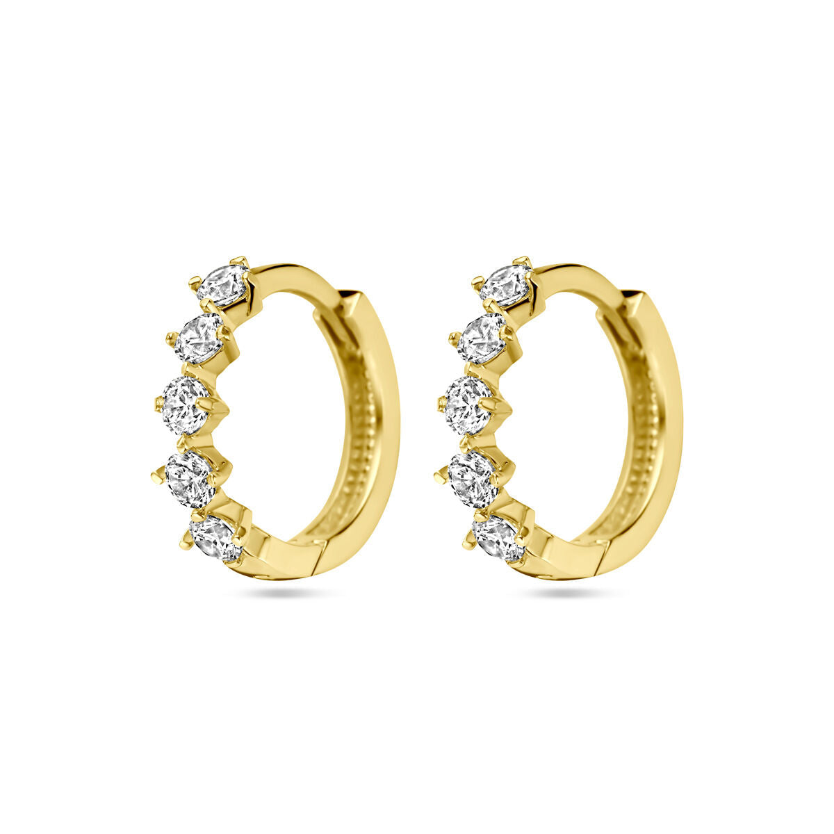 Boucles d'oreilles en or jaune 14K avec zirconia, de forme ronde et décorées de cinq pierres.