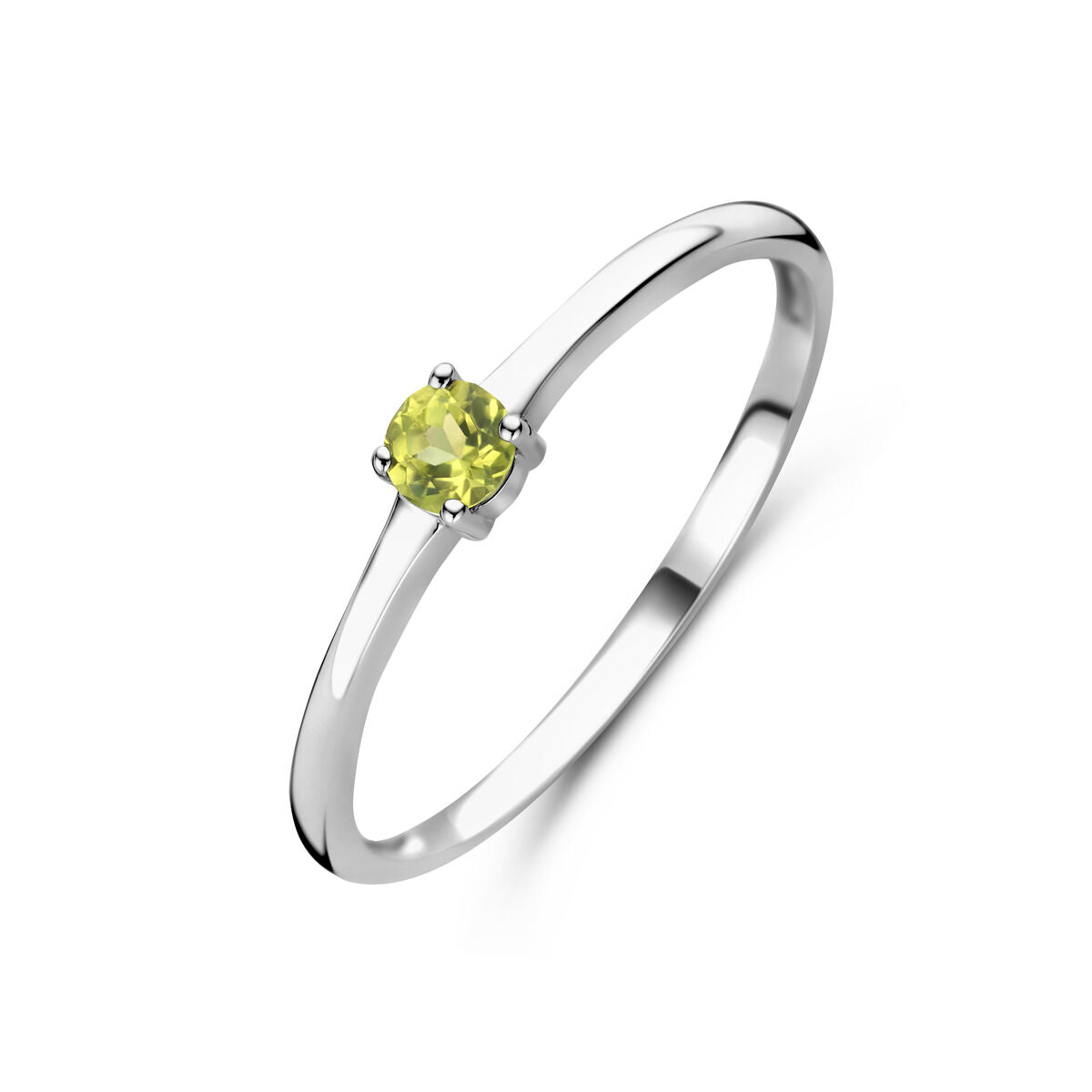 Bague en argent rhodié avec pierre de naissance péridot d'août.
