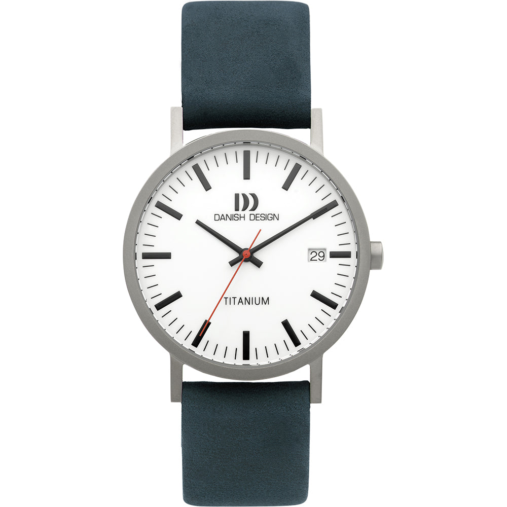 Montre en titane avec cadran blanc, bracelet en cuir bleu et aiguilles noires.