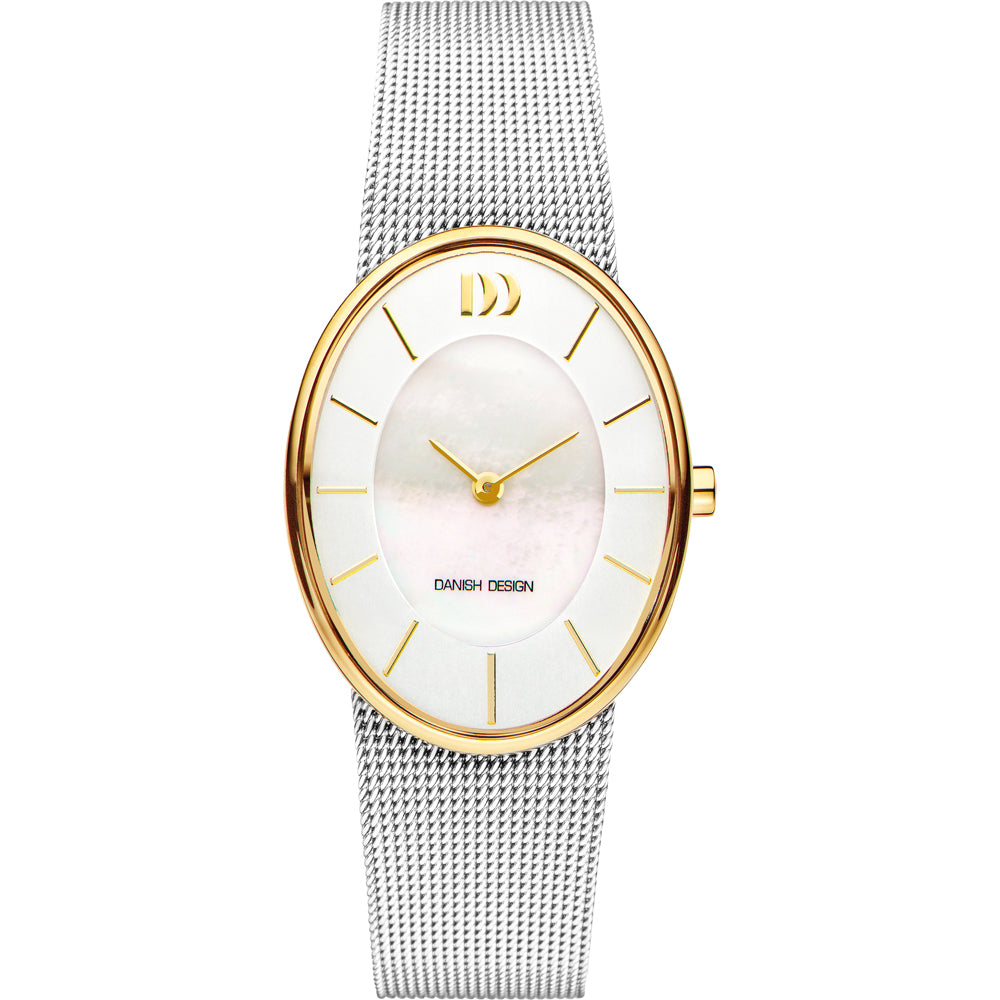Montre pour femme avec un cadran blanc, boîtier doré et bracelet en maille argentée.