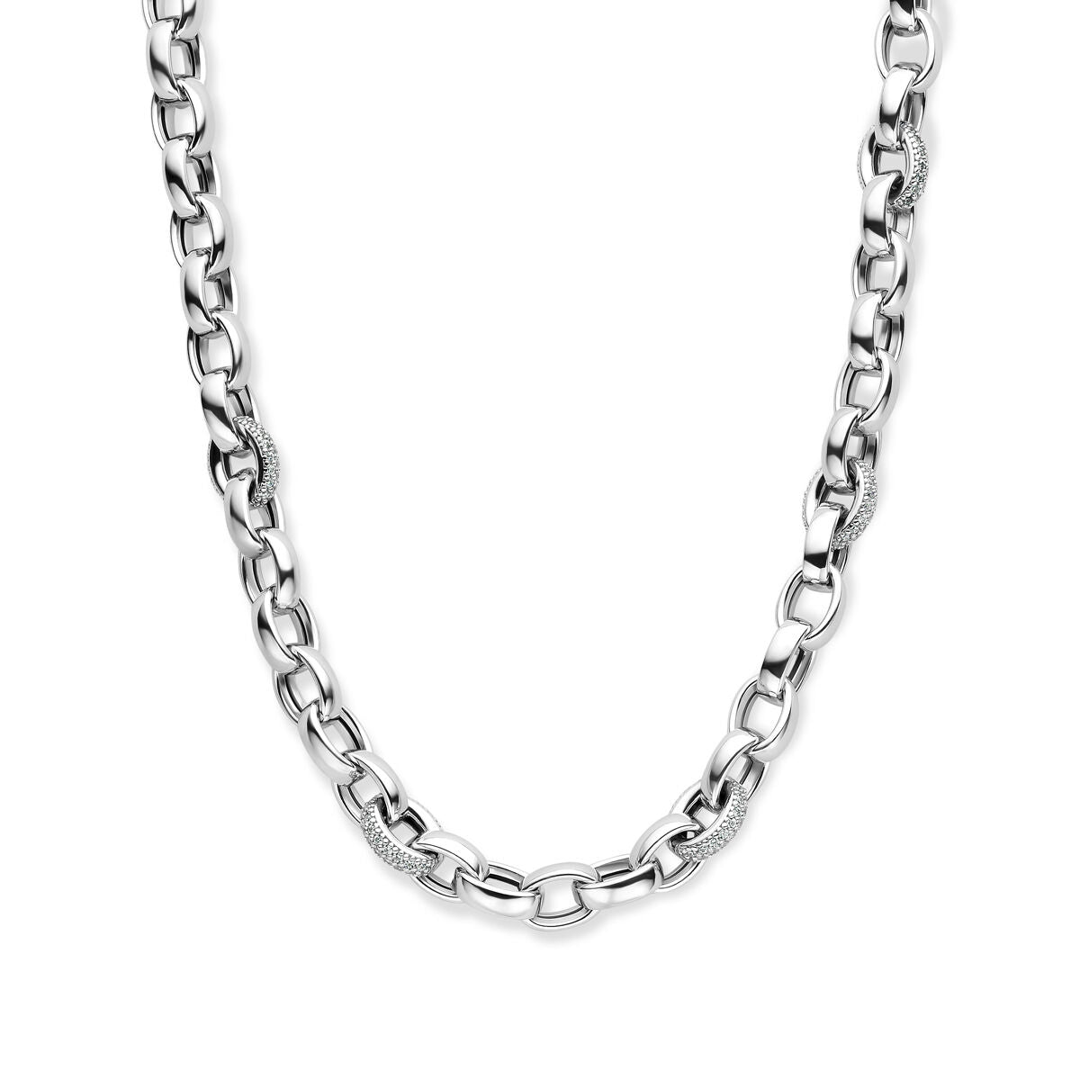 Collier jasseron en argent rhodié avec des maillons ovales et des zirconias de 7,5 mm.
