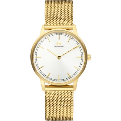 Montre dorée avec un cadran blanc et un bracelet en maille métallique.