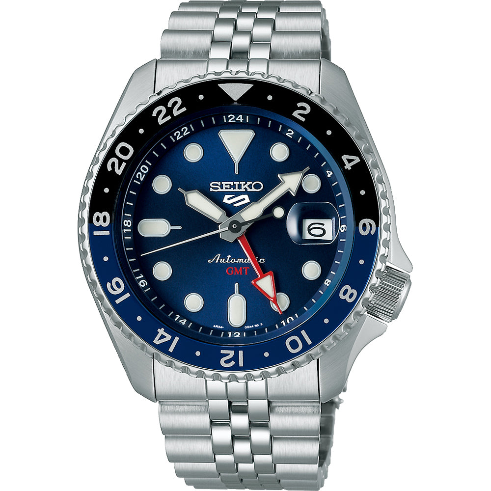 Montre pour homme Seiko 5 Sports avec cadran bleu, boîtier en acier inoxydable et bracelet en métal.