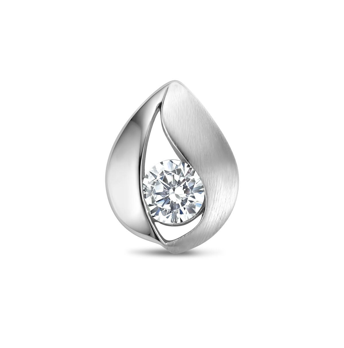 pendentif en argent rhodié poli et mat avec une pierre en zircone en forme de goutte.