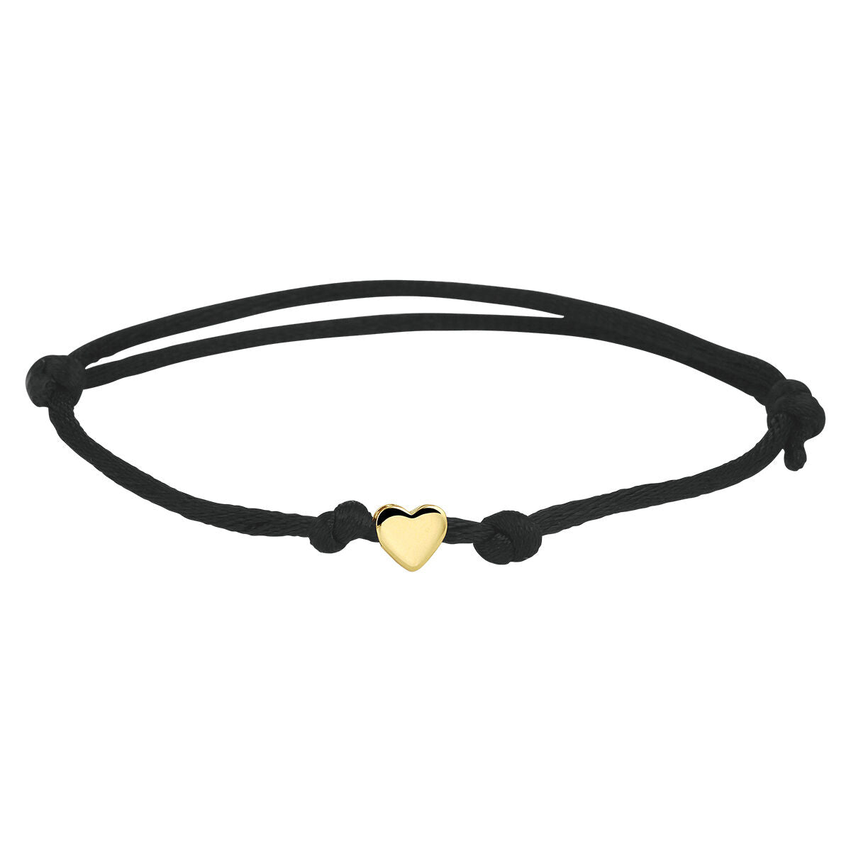 Bracelet en satin noir avec un cœur en or 14K, orné de cordons en caoutchouc et nylon.