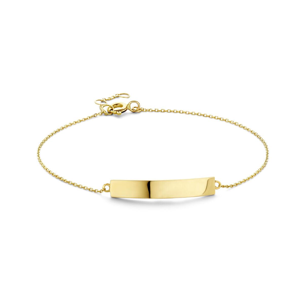 Bracelet en or jaune 14K avec plaque gravable, chaîne délicate et fermoir.