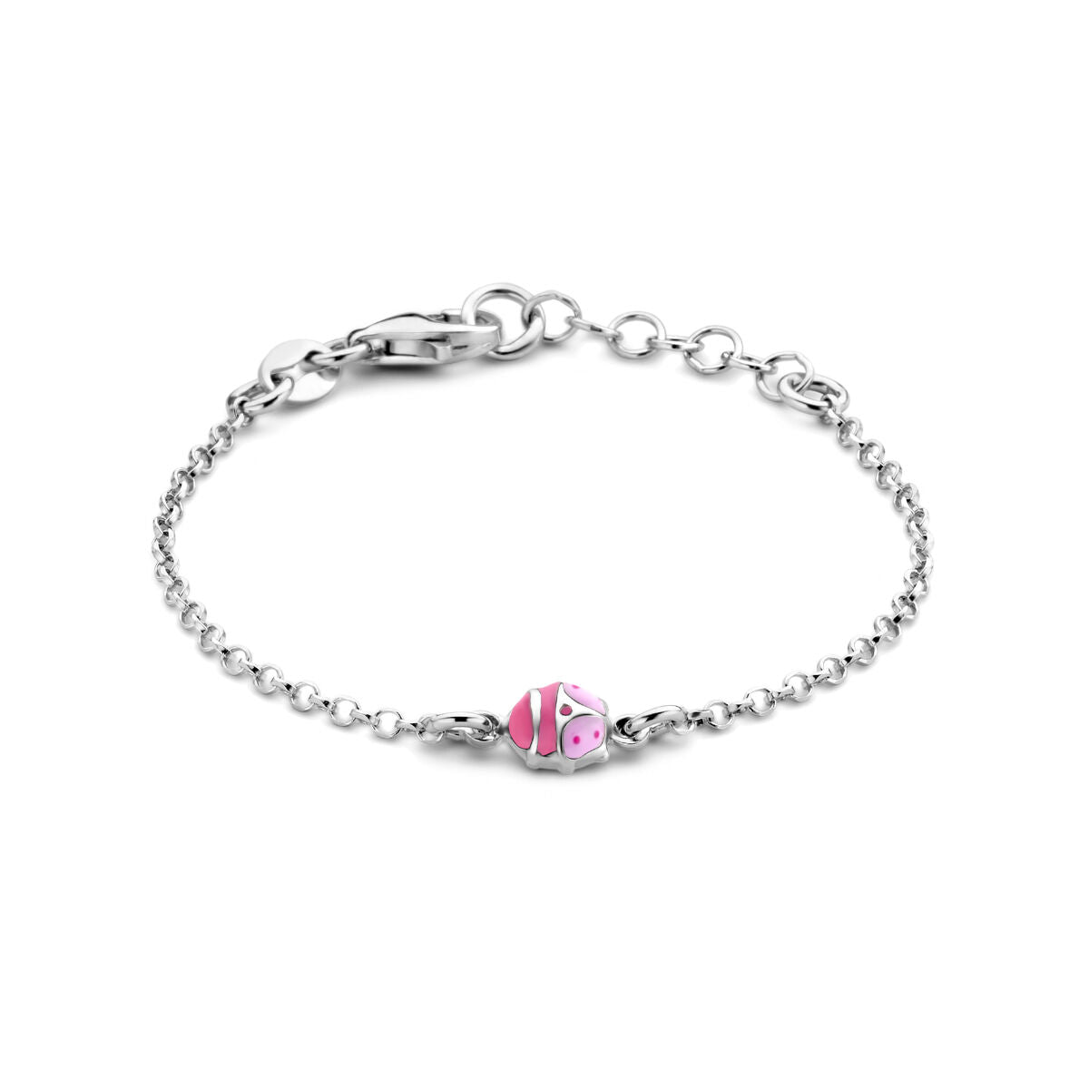 Bracelet en argent rhodié de 11 + 2 cm avec un charm en forme de coccinelle rose.