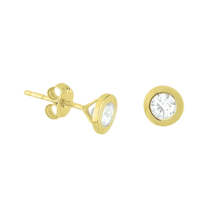 Boucles d'oreilles en or jaune 14K avec zirconia, forme ronde et finition brillante.
