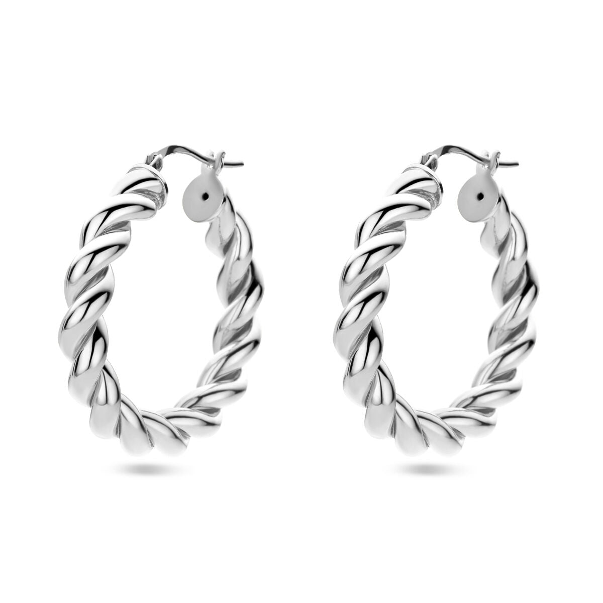 Boucles d'oreilles en argent rhodié, torsadées, de forme ronde.