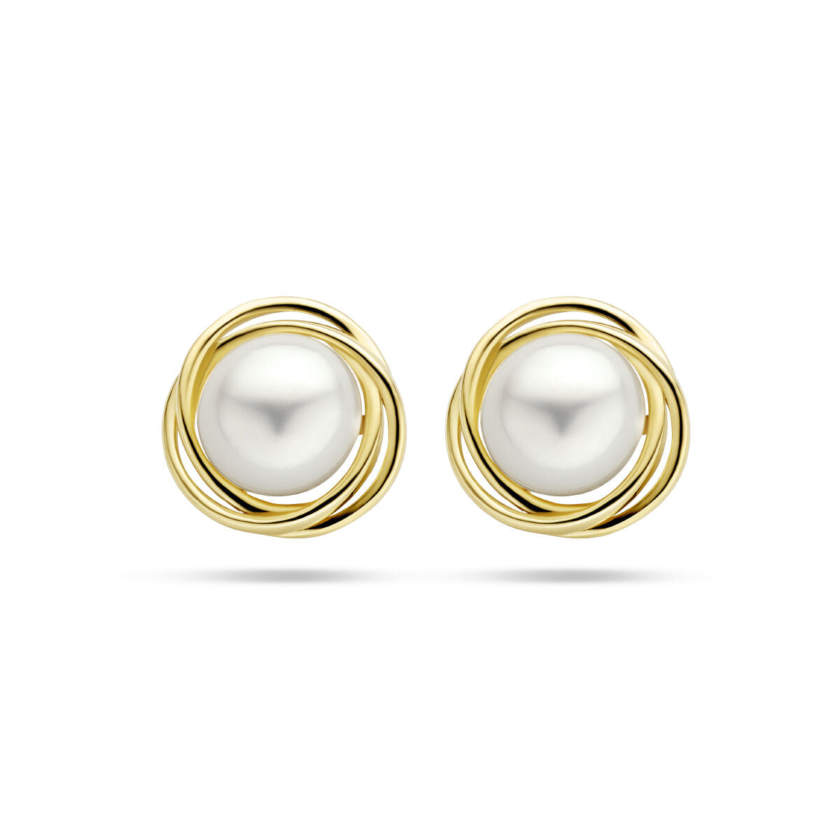 Boucles d'oreilles en perles avec monture en or jaune 14K, forme ronde et design en spirale.