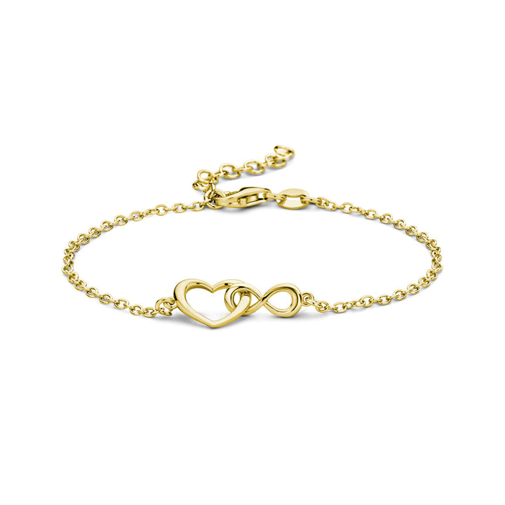 De Van der Kooij Collectie armband hart en infinity 16 + 3 cm, met 3 micron geel zilver verguld, combineert de hart- en infinityarm in een verfijnde damesarmband-het perfecte Valentijnscadeau.
