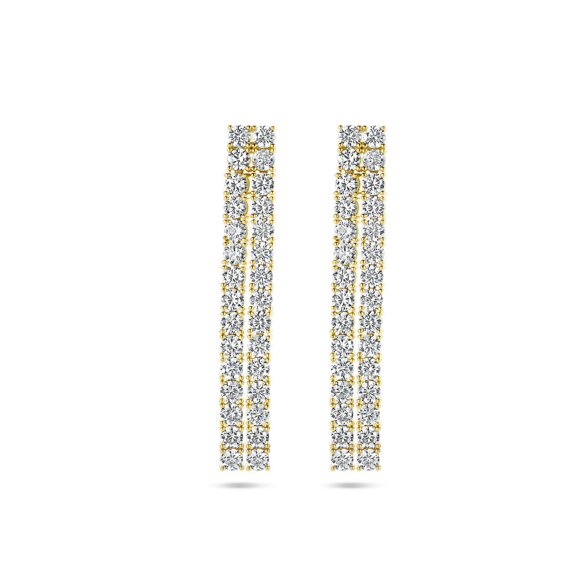 Boucles d'oreilles en argent doré avec zirconiums, de forme allongée et ornées de pierres brillantes.